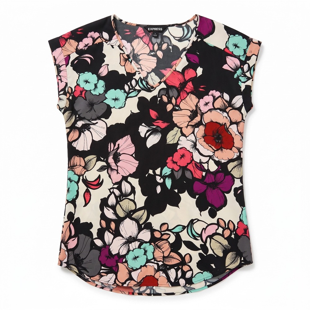 Express S/P Womens Black Multi Floral V-Neck Blouse Top Boho Casual